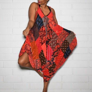 Boho Patchwork Harem Romper Red Tie Strap Jumper Oversize Drape Pockets One Size
